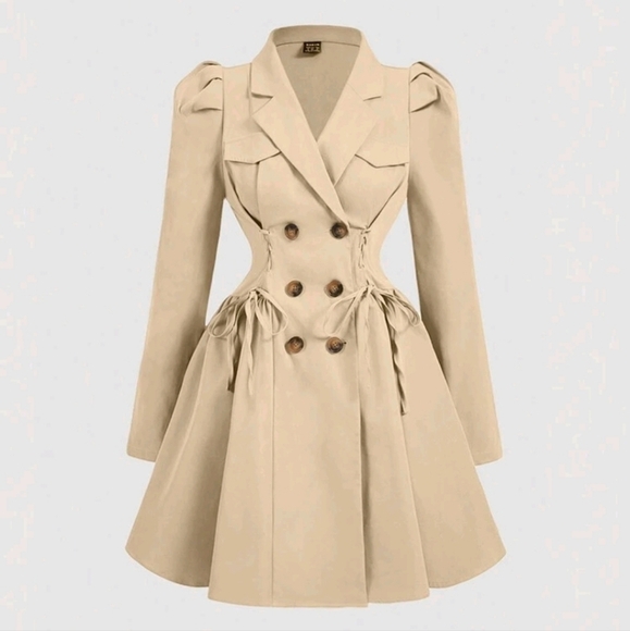 Khaki Cinched Waist Long Sleeve Jacket For Women - Picture 1 of 4